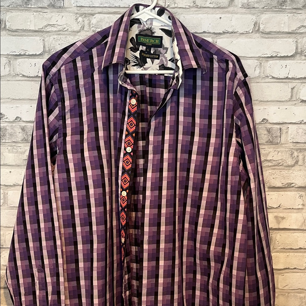 Inserch icon Men's Purple Plaid Button-Up Shirt large Aztec 100% cotton